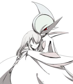 1boy 1girl arm_blade bleeding blood blood_from_forehead blood_on_face cape commentary dirty dirty_clothes dirty_face faceless faceless_female gallade gen_4_pokemon green_hair hair_between_eyes half-closed_eyes hand_on_another's_arm hand_on_another's_back hand_on_another's_shoulder heads_together highres hood hoodie hug injury leaning_on_person long_hair mega_gallade mega_pokemon mohawk monochrome muted_color nintendo partially_colored pokemon pokemon_(creature) protecting red_eyes shaded_face spot_color user_kgue8578 weapon white_background white_cape white_hair white_hoodie