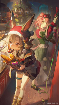 2girls ahoge animal_ears arknights bag bakery bandaid bandaid_on_leg black_footwear black_necktie bow bread brown_eyes brown_hair cake candy candy_cane christmas christmas_ornaments christmas_tree christmas_wreath coat collared_shirt counter cupcake display_case donut dress ears_through_headwear folded_hair food food_in_mouth goldenglow_(arknights) goldenglow_(maiden_for_the_bright_night)_(arknights) green_dress green_ribbon grey_shirt hair_bow hat headband highres holding holding_bag indoors looking_at_viewer maipianvale multiple_girls necktie night night_sky off_shoulder official_alternate_costume open_clothes open_coat pastry pink_hair popsicle ribbon santa_hat shelf shirt shop sky thigh_strap tile_floor tiles warmy_(arknights) warmy_(warm_velvet_at_the_corner)_(arknights) watermark wide_sleeves window wreath yellow_eyes