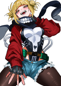 1girl absurdres arched_bangs arm_at_side belt black_pantyhose black_scarf blonde_hair blue_shorts boku_no_hero_academia breasts breasts_apart commentary cowboy_shot cutoffs denim denim_shorts double_bun english_commentary fingerless_gloves gloves grey_gloves hair_bun hand_up highres leotard leotard_under_clothes long_sleeves looking_at_viewer medium_breasts multicolored_leotard open_mouth pantyhose pantyhose_under_shorts raised_inner_eyebrows red_shrug scarf short_hair short_shorts shorts shrug_(clothing) simple_background sketch smile solo standing teeth toga_himiko two-tone_leotard white_background yellow_eyes zd_(pixiv6210083)