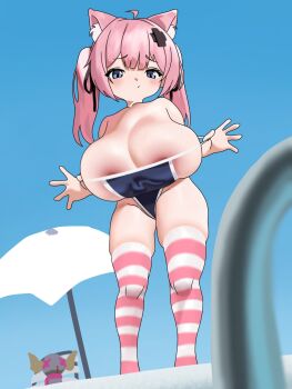 1girl animal_ear_fluff animal_ears areola_slip beach_chair beach_umbrella blue_eyes breasts clothes_pull cross_hair_ornament hair_ornament hair_ribbon highleg highleg_one-piece_swimsuit highres huge_breasts intenddid molly_(type_moll) nipple_slip nipples off-shoulder_one-piece_swimsuit one-piece_swimsuit one-piece_swimsuit_pull oppai_loli original outdoors pink_hair poolside ribbon skindentation solo standing striped_clothes striped_thighhighs swimsuit thighhighs twintails umbrella