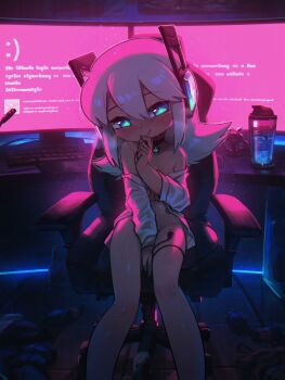 1girl absurdres blue_screen_of_death breasts cable cable_tail chair commentary digitan_(porforever) electric_plug electric_plug_tail english_commentary gaming_chair highres indoors long_hair looking_at_viewer mechanical_tail naked_shirt original porforever robot_ears seductive_smile shirt sitting small_breasts smile solo star-shaped_pupils star_(symbol) swivel_chair symbol-shaped_pupils tail white_hair