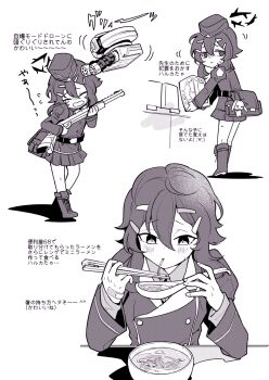 1girl absurdres blue_archive eating food full_body haruka_(blue_archive) hat highres kazunari_(likuro137) machine noodles purple_eyes purple_hair ramen school_uniform solo