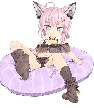 1girl ahoge animal_ear_fluff ankle_strap arknights asymmetrical_bangs bikini black_bikini black_choker black_ribbon black_socks blue_eyes blush chaosexceed choker closed_mouth commentary commentary_request dot_nose english_commentary expressionless feet flat_chest frills full_body gold_necklace hair_ornament hairclip headphones headphones_for_animal_ears highres jewelry leaning_back loli midriff mixed-language_commentary navel necklace no_shoes official_alternate_costume pink_hair ribbon see-through_clothes simple_background sitting socks soles solo sussurro_(arknights) sussurro_(summer_flower)_(arknights) swim_ring swimsuit toes white_background