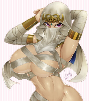 1girl armlet armpits arms_behind_head bandaged_arm bandages bare_hips breasts chest_sarashi commentary_request curvy dark-skinned_female dark_skin eye_of_horus forehead_jewel gold huge_breasts ishizu_ishtar jewelry k.nock large_breasts midriff millennium_necklace mouth_veil navel purple_eyes revealing_clothes sarashi underboob veil white_background yu-gi-oh! yu-gi-oh!_duel_monsters