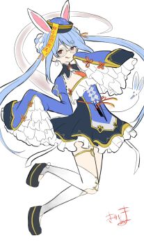 1girl :q animal_ears black_dress black_shoes blue_hair blue_hat blue_sleeves braid closed_mouth commentary_request don-chan_(usada_pekora) dress frilled_dress frills full_body glasses hat highres hololive jiangshi_costume kiritoma long_hair multicolored_hair ofuda qingdai_guanmao rabbit-shaped_pupils rabbit_ears red_eyes shoes short_eyebrows simple_background sleeves_past_fingers sleeves_past_wrists smile solo symbol-shaped_pupils thick_eyebrows thighhighs tongue tongue_out twintails two-tone_hair usada_pekora usada_pekora_(jiangshi) very_long_hair virtual_youtuber white_background white_hair white_thighhighs wide_sleeves