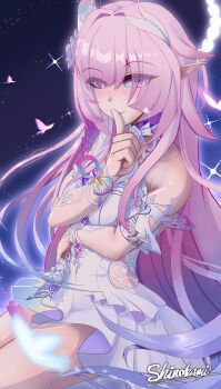 1girl absurdres aqua_hair artist_name bare_shoulders bilingual_commentary breasts commentary cyrene_(honkai:_star_rail) cyrene_(ripples_of_past_reverie)_(honkai:_star_rail) diamond-shaped_pupils diamond_(shape) dress english_commentary halo haoyitay highres honkai:_star_rail honkai_(series) large_breasts long_hair mixed-language_commentary multicolored_hair pink_hair pointy_ears purple_eyes smile solo symbol-shaped_pupils very_long_hair white_background white_dress white_hair