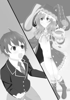 1boy 1girl ahoge bar_censor blush boots bottomless breasts censored date_a_live greyscale himekawa_yoshino hood itsuka_shido long_hair monochrome navel necktie nipples open_mouth puppet pussy raincoat rayos small_breasts