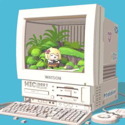 1girl 3d =_= animated blender_(medium) brand_name_imitation broken bug computer computer_keyboard controller dancing holding_instrument holding_ukulele hololive hololive_english instrument looping_animation mini_person minigirl music pc-98_(computer) playing_instrument scenery scottish_flag seafoamboy smile smol_ame solo terrarium ukulele video virtual_youtuber walfie_(style) watson_amelia