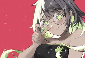 1girl bare_arms bare_shoulders black_dress black_hair commeowdore dark-skinned_female dark_skin dress glasses green_eyes green_hair highres homestuck jade_harley long_hair multicolored_hair red_background source_request star_(sky) star_(symbol) star_in_eye symbol_in_eye taut_clothes taut_dress