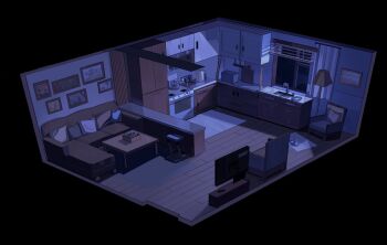 cabinet carpet chair commentary concept_art cool_colored couch curtains dim_lighting english_commentary indoors isometric kettle kitchen lamp living_room lounge_chair ma_someru night no_humans original photo_(object) refrigerator rug scenery sink stool stove table television toaster variant_set wainscoting window_blinds window_light wooden_floor