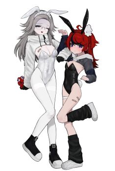 Rule 34 | 2girls, alternate costume, animal ears, aotsuki eito, bandaid, bandaid on leg, black gloves, black hair, black leg warmers, black leotard, black shoes, breasts, cleavage, closed mouth, commentary request, fake animal ears, full body, furifurifurill, genderswap, genderswap (mtf), glasses, gloves, grey hair, grey leotard, highres, holding, hood, hood down, hooded shrug, leg up, leg warmers, leotard, long hair, long sleeves, maid headdress, medium breasts, multicolored hair, multiple girls, one eye closed, open mouth, pantyhose, playboy bunny, purple eyes, rabbit ears, red hair, shaded face, shoes, shrug (clothing), simple background, small breasts, streaked hair, sumino takumi, sweat, the hundred line -last defense academy-, thighband pantyhose, white background, white leotard, white shoes