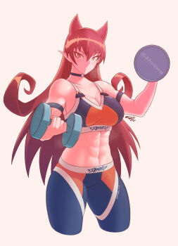 1girl abs azazel_ameri beige_background breasts choker cleavage commentary commission cowboy_shot cropped_legs dated dumbbell english_commentary exercising hair_horns highres large_breasts long_hair mairimashita!_iruma-kun midriff navel parted_lips pointy_ears red_hair signature simple_background solo sports_bra sweat tight_clothes twitter_username weightlifting yellow_eyes zhvo