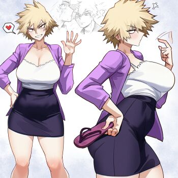 1girl 2boys ? absurdres anger_vein bakugou_katsuki bakugou_mitsuki black_skirt blonde_hair boku_no_hero_academia breasts but_you_can't_prove_it_(meme) cleavage hair_between_eyes heart highres holding holding_shoes holding_unworn_clothes implied_netorare jacket large_breasts looking_at_another looking_at_viewer mature_female meme midoriya_izuku mother_and_child mother_and_son multiple_boys multiple_views open_clothes open_jacket parent_and_child purple_jacket red_eyes shoes short_hair skirt spanish_commentary spoken_heart unworn_shoes vlizz