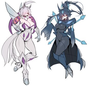 2girls absurdres ahoge animal_ears armor black_hair blue_boots bodysuit boots breasts cleavage dialga expressionless full_body gen_4_pokemon highres horse_ears horse_girl horse_tail humanization large_breasts legendary_pokemon long_hair long_sleeves looking_at_viewer multiple_girls nintendo pale_skin palkia pokemon ponytail qdphattie red_eyes short_hair simple_background sleeves_past_fingers sleeves_past_wrists tail thick_thighs thighs white_background white_boots white_hair