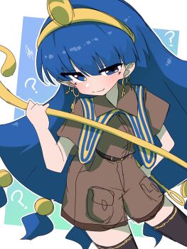 Rule 34 | 1girl, ?, belt, black thighhighs, blue eyes, blue hair, blunt bangs, blush, brown shirt, brown shorts, closed mouth, collared shirt, commentary, earrings, gold tiara, hand on own hip, hand up, highres, holding, holding scepter, jewelry, key earrings, long hair, looking at viewer, mark under both eyes, michigami nareko, scepter, shirt, short sleeves, shorts, signature, smile, soesoe300, solo, thighhighs, touhou, very long hair