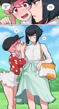 1futa 1girl afrobull bag black_hair blue_eyes blush breasts bulge dress erection erection_under_clothes feet_out_of_frame futa_with_female futanari highres jakuzure_nonon kill_la_kill kiryuuin_satsuki long_sleeves medium_breasts miniskirt official_alternate_hairstyle outdoors pink_hair pointing polka_dot polka_dot_shirt profile red_shirt shirt shoulder_bag skirt white_dress white_skirt