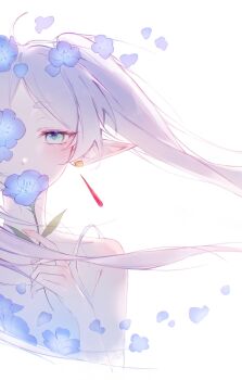 1girl blue_eyes blue_flower blush commentary dress earrings elf falling_petals flower frieren highres holding holding_flower jewelry long_hair long_sleeves petals pointy_ears sarano_814 simple_background sleeveless sleeveless_dress solo sousou_no_frieren teardrop_earrings twintails upper_body white_background white_dress white_hair