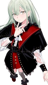 1girl absurdres ascot bang_dream! bang_dream!_it's_mygo!!!!! black_capelet black_skirt capelet commentary earrings green_hair grey_thighhighs hair_between_eyes hand_up hashtag-only_commentary highres jewelry long_hair long_sleeves looking_at_viewer mortis_(bang_dream!) mortis_(costume)_(bang_dream!) peke_(pekeiscat) red_shoes red_shorts see-through_clothes see-through_sleeves shirt shoes shorts shorts_under_skirt sidelocks simple_background skirt solo thighhighs wakaba_mutsumi white_ascot white_background white_shirt yellow_eyes