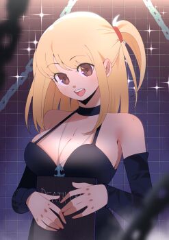 1girl absurdres amane_misa bare_shoulders black_choker black_dress black_sleeves blonde_hair breasts brown_eyes choker cleavage death_note death_note_(object) detached_sleeves dress gjh grid_background highres large_breasts looking_at_viewer one_side_up open_mouth solo sparkle standing teeth upper_body upper_teeth_only