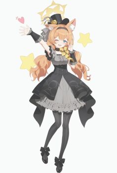 1girl animal_ears black_dress blonde_hair blue_archive blue_eyes blush breasts commentary_request dress full_body halo haru_0104 heart highres looking_at_viewer mari_(blue_archive) mari_(idol)_(blue_archive) one_eye_closed open_mouth simple_background small_breasts standing star_(symbol) v white_background yellow_halo