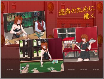 1girl 4boys alcohol bar bartender beer black_hair black_leotard black_skirt blackjack_table blanca:_a_broke_girl_in_the_slums blanca_(blanca) blue_eyes booze breasts burger card drink duskcraft embarrassed formal_clothes glass_cup leotard long_hair midriff multiple_boys multiple_girls pantyhose playing_card poker poker_chip poker_table rabbit_ears red_hair sailor_collar sailor_shirt school_uniform shirt skirt small_breasts strapless strapless_leotard suit table tray waitress