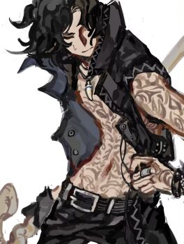 1boy belt black_belt black_coat black_gloves black_hair black_pants closed_eyes coat devil_may_cry_(series) devil_may_cry_5 gloves highres holding holding_staff jewelry male_chest necklace pants qianqiu867 silver_ring staff sweatdrop tattoo tooth_necklace v_(devil_may_cry) white_background