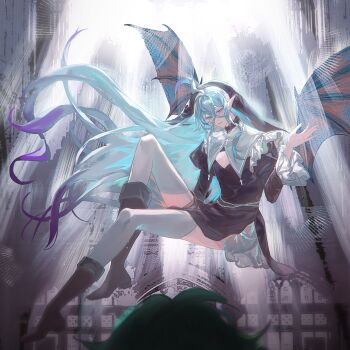 2boys absurdres ahoge backlighting bead_necklace beads black_boots black_dress black_veil black_wings blue_eyes blue_hair boots chain chain_belt chinese_commentary chromatic_aberration cleavage_cutout clothing_cutout colored_tips commentary_request cross cross_necklace crossdressing crossdressing_(mtf) crossed_bangs demon_wings double-parted_bangs dress frilled_sleeves frills garter_straps gatling_pea_(plants_vs._zombies) green_hair grey_background hair_between_eyes hand_up hat high_heel_boots high_heels highres huge_ahoge jewelry juliet_sleeves knee_boots knee_up light_particles long_hair long_legs long_sleeves looking_at_another male_focus multicolored_hair multiple_boys necklace nun open_mouth pelvic_curtain personification petticoat plants_vs._zombies plants_vs._zombies_2 pointy_ears puffy_sleeves purple_hair shadow_peashooter_(plants_vs._zombies) short_dress sidelocks siiiiiiiiiii simple_background sitting smile solo_focus spotlight thighhighs trap turtleneck turtleneck_dress two-tone_hair veil very_long_hair white_thighhighs wind wings zettai_ryouiki