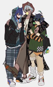 Rule 34 | 3boys, ajaw (genshin impact), alternate costume, animal ears, antenna hair, arm around neck, bag, bat ears, black hair, blowing bubble gum, blue eyes, blue hair, brown hat, casual, chewing gum, closed mouth, coat, crossed arms, dark-skinned male, dark skin, earrings, eyewear on head, full body, genshin impact, glasses, green eyes, green hair, grey hair, hair between eyes, hand on another's shoulder, hand tattoo, hand up, hat, height difference, heterochromia, highres, hood, hood up, hoodie, ifa (genshin impact), jacket, jewelry, kinich (genshin impact), layered sleeves, legs apart, light smile, long hair, long sleeves, looking at viewer, looking over eyewear, male focus, mask, mask pull, mouth mask, multicolored hair, multiple boys, neck tattoo, necklace, open clothes, open coat, orange hair, ororon (genshin impact), pants, pants rolled up, penzi (mok pen), pince-nez, red eyes, ring, round eyewear, shirt, shoes, short hair, short over long sleeves, short sleeves, sidelocks, simple background, sneakers, spetsnaz, standing, standing on one leg, stud earrings, sunglasses, tattoo, thumbs up, two-tone hair