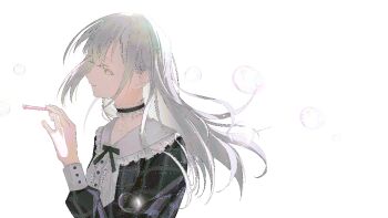 Rule 34 | 1girl, aliasing, bang dream!, bang dream! it's mygo!!!!!, black choker, blowing bubbles, chinese commentary, choker, commentary request, frilled choker, frills, green hair, long hair, long sleeves, multiple girls, sasagawa yuki, simple background, solo, upper body, wakaba mutsumi, white background, yellow eyes