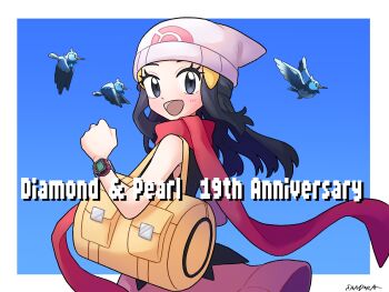 1girl :d anniversary arm_up bag beanie bird black_tank_top blue_hair border commentary_request dawn_(pokemon) duffel_bag english_text eyelashes floating_scarf from_side gen_4_pokemon gradient_background green_eyes hair_ornament hairclip hat highres looking_at_viewer nintendo open_mouth parallel_hairclips pink_skirt poke_ball_symbol pokemon pokemon_(creature) pokemon_dppt poketch red_scarf sandora_(karugamo_no_e) scarf signature skirt sleeveless smile solo starly tank_top watch white_border white_hat wristwatch yellow_bag