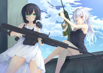 2girls ;p anti-materiel_rifle assault_rifle barrett_m82 black_dress black_hair brown_eyes bullpup collarbone crossed_legs day dress east01_06 green_eyes gun highres holding holding_gun holding_weapon long_hair looking_at_viewer multiple_girls one_eye_closed original ponytail rifle scope smile sniper sniper_rifle steyr_aug sundress tongue tongue_out trigger_discipline vertical_forward_grip weapon white_dress white_hair