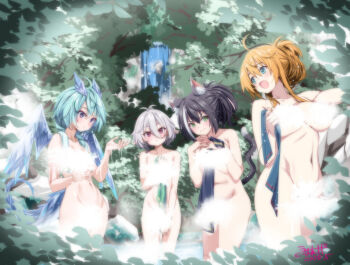 4girls animal_ears bathing breasts cat_ears cat_girl cat_tail commentary_request completely_nude convenient_censoring karyl_(princess_connect!) kokkoro_(princess_connect!) large_breasts multiple_girls navel nude outdoors pecorine_(princess_connect!) princess_connect! sheffy_(princess_connect!) small_breasts steam steam_censor tail umyonge_(lkakeu) water wings