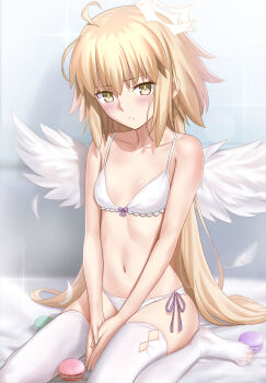 1girl absurdres angel_wings bare_shoulders besmiled blonde_hair blush bra breasts brown_eyes cleavage commentary english_commentary fate/grand_order fate_(series) feathered_wings food halo highres jeanne_d&#039;arc_(fate) legwear_cutout long_hair looking_at_viewer macaron medium_breasts metatron_jeanne_(fate) navel panties sitting solo thighhighs underwear very_long_hair white_bra white_panties white_thighhighs wings