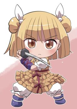 1girl armor armored_dress blonde_hair bloomers blue_boots blunt_ends blush boots brown_eyes chibi chibi_only closed_mouth commentary_request double_bun dress full_body hair_bun hair_ribbon highres holding holding_sword holding_weapon joutouguu_mayumi looking_at_viewer red_background ribbon rokugou_daisuke short_hair short_sleeves signature solo standing sword touhou two-tone_background underwear vambraces weapon white_background white_bloomers white_ribbon yellow_dress