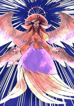 1girl absurdly_long_hair beak bird_girl blonde_hair blue_eyes commentary dress english_commentary feathers furry furry_female hazbin_hotel hellaverse highres long_eyelashes long_hair molimolimolili solo speaker_of_god_(hazbin_hotel) very_long_hair yellow_dress yellow_feathers