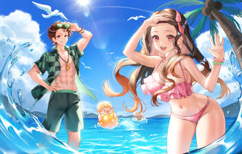 1girl 3boys agatsuma_zenitsu ball beach beachball bikini black_hair black_male_swimwear breasts brown_hair checkered_clothes checkered_shirt earrings eyewear_on_head forehead glasses green-framed_eyewear hair_ribbon hashibira_inosuke highres jewelry kamado_nezuko kamado_tanjirou kimetsu_no_yaiba long_hair male_swimwear medium_breasts megumi_ml multicolored_hair multiple_boys muscular muscular_male navel necklace ocean open_clothes open_mouth open_shirt pink_bikini pink_eyes pink_ribbon red_hair ribbon scar scar_on_face scar_on_forehead shirt short_hair smile stomach swimsuit two-tone_hair