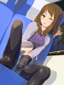 10s 1boy 1girl :o black_pantyhose blue_bow blue_panties blush bow bow_panties breasts brown_eyes brown_hair bus bus_interior caught collarbone dutch_angle female_masturbation fingering glass grabbing_own_breast grey_jacket half-closed_eye hand_in_panties hand_in_pantyhose hand_under_clothes hand_under_shirt hetero highres jacket kakari knee_up long_sleeves looking_at_viewer maimai_(mayoiga) masturbation masturbation_through_clothes mayoiga mitsumune_(mayoiga) motor_vehicle navel nipple_stimulation nipple_tweak no_shoes one_eye_closed open_clothes open_fly open_jacket open_mouth panties panties_under_pantyhose pantyhose peeking pov public_indecency see-through_clothes shirt short_hair short_shorts shorts sitting solo_focus spread_legs stealth_masturbation stomach surprised train train_interior tweaking_own_nipple unbuttoned underwear uneven_eyes voyeurism wide-eyed window