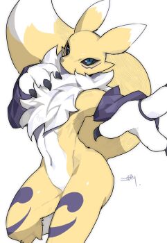 Rule 34 | 1other, animal ears, black sclera, blue eyes, body fur, claws, colored sclera, detached sleeves, digimon, digimon (creature), fox ears, fox tail, highres, kokodari, looking at viewer, navel, purple sleeves, renamon, simple background, solo, tail, white background, yellow fur