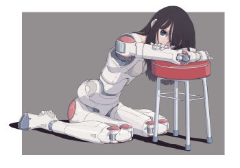 1girl against_chair arm_pillow armor black_hair blue_eyes border breasts check_copyright commentary copyright_request crossed_arms english_commentary grey_background highres kneeling long_hair mechanical_arms original robot_girl shoes simple_background sitting sleepy small_breasts solo stool sukabu swept_bangs wariza white_armor white_border white_shoes
