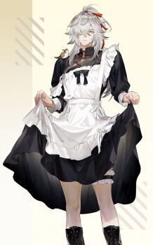 1boy animal animal_on_shoulder apron bird bird_on_shoulder black_dress clothes_lift crossdressing crossdressing_(mtf) dr.k dress dress_lift frilled_apron frills grey_hair hair_over_one_eye high_ponytail highres honkai:_star_rail honkai_(series) jing_yuan long_hair maid maid_apron maid_headdress male_focus male_maid mole mole_under_eye parted_lips ponytail red_ribbon ribbon single_off_shoulder solo teeth white_apron white_hair yellow_eyes