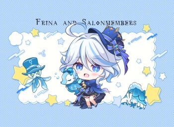 Rule 34 | 1girl, :d, ahoge, black pants, blue bow, blue eyes, blue gem, blue hair, blue hat, blue jacket, blue ribbon, blue shoes, blue streaks, blush, border, bow, chibi, comiket 104, commentary request, drop-shaped pupils, furina (genshin impact), gem, genshin impact, gentilhomme usher, gloves, hair between eyes, hat, hat bow, hat ribbon, heterochromia, highres, holding, jacket, kashiwadokoro, lolita fashion, long hair, looking at viewer, mademoiselle crabaletta, multicolored hair, open mouth, ouji fashion, pants, revision, ribbon, shoes, smile, solo, streaked hair, surintendante chevalmarin, symbol-shaped pupils, thigh strap, white background, white border, white gloves, white hair