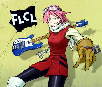 1girl atomsk_(artist) bass_guitar black_pants boots breasts copyright_name crack cracked_wall flcl gloves goggles goggles_on_head grin haruhara_haruko highres holding holding_bass_guitar holding_instrument instrument jacket long_sleeves looking_at_viewer medium_breasts medium_hair pants pink_hair red_jacket rickenbacker rickenbacker_4001 scarf shirt smile solo teeth white_boots white_scarf white_shirt yellow_background yellow_eyes yellow_gloves