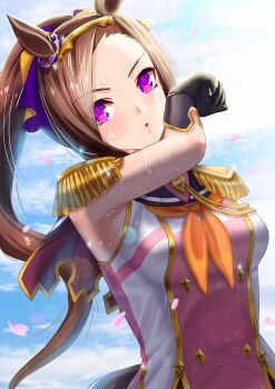 1girl animal_ears black_gloves blue_sky blush breasts brown_hair cloud commentary_request epaulettes flower_in_eye gloves gold_hairband hairband horse_ears horse_girl horse_tail long_hair looking_at_viewer medium_breasts open_mouth otono_(bkt4b) parted_lips ponytail purple_eyes sakura_bakushin_o_(blossom_in_learning)_(umamusume) sakura_bakushin_o_(umamusume) sky sleeveless solo sweat symbol_in_eye tail umamusume upper_body wiping_face