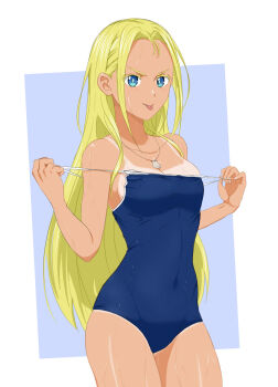 1girl blonde_hair blue_eyes blue_one-piece_swimsuit breasts clothes_pull competition_school_swimsuit contrapposto cowboy_shot highres jewelry kofune_ushio large_breasts long_hair looking_at_viewer naughty_face necklace one-piece_swimsuit one-piece_swimsuit_pull one-piece_tan pulling_own_clothes school_swimsuit shell shell_necklace smile solo standing summertime_render swimsuit tan tanline teasing tongue tongue_out very_long_hair viperxtr