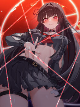 1girl absurdres arm_cutout black_choker black_hair black_serafuku black_skirt blush breasts chinese_commentary chisa_(wuthering_waves) choker clothing_cutout commentary_request crop_top fingernails hair_ribbon highres long_hair long_sleeves looking_at_viewer maozi_tutu medium_breasts mole mole_under_eye navel neckerchief paid_reward_available parted_lips partial_commentary red_eyes red_neckerchief red_ribbon ribbon sailor_collar school_uniform serafuku skirt smile solo stomach tacet_mark_(wuthering_waves) thigh_strap thighs very_long_hair white_sailor_collar wuthering_waves