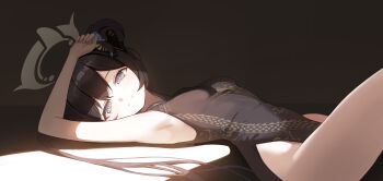 1girl absurdres armpits black_dress black_hair blue_archive breasts butterfly_hair_ornament china_dress chinese_clothes closed_mouth commentary_request double_bun dress grey_eyes grey_halo hair_bun hair_ornament halo highres kisaki_(blue_archive) leepy looking_at_viewer pelvic_curtain sleeveless sleeveless_dress small_breasts solo