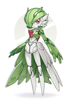 bob_cut colored_skin gardevoir gen_3_pokemon green_hair green_skin highres joints looking_at_viewer lordyanyu mechanization multicolored_skin nintendo pink_eyes pokemon pokemon_(creature) robot_joints smile two-tone_skin white_skin