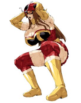 1girl absurdres boots breasts brown_hair elbow_gloves electro_wave_human_tackle exercising gloves helmet highres huge_breasts long_hair muscular muscular_female okada_yuriko open_mouth orange-tinted_eyewear pobotto red_helmet scarf solo squatting sweat tinted_eyewear toujima_tanzaburou_wa_kamen_rider_ni_naritai yellow_boots yellow_scarf