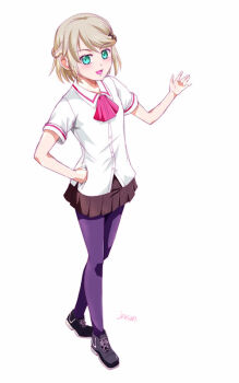 1girl age_regression aged_down artist_name ascot black_thighhighs braid brown_hair crown_braid dress_shirt eiyuu_densetsu elaine_auclair green_eyes hair_between_eyes hand_on_own_hip kuro_no_kiseki_(series) kuro_no_kiseki_i looking_at_viewer open_mouth parted_bangs red_ascot sailor_collar shirt shoes short_sleeves simple_background skirt smile sneakers solo swept_bangs tachi-e thighhighs white_background white_sailor_collar xiacheng_tatsuya