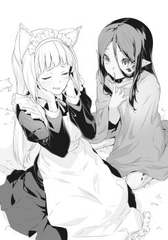 Rule 34 | 2girls, animal ear fluff, animal ears, apron, blunt bangs, cloak, closed eyes, dragon girl, dress, dungeon ni deai wo motomeru no wa machigatteiru darou ka, finger to mouth, fingernails, fox ears, fox girl, fox tail, greyscale, hair between eyes, hands on own cheeks, hands on own face, hands up, highres, long hair, long sleeves, looking at another, maid, maid apron, maid headdress, monochrome, monster girl, multiple girls, nilitsu, novel illustration, official art, on grass, parted lips, pointy ears, sanjouno haruhime, scales, sharp fingernails, sidelocks, sitting, smile, tail, third-party source, wariza, wiene